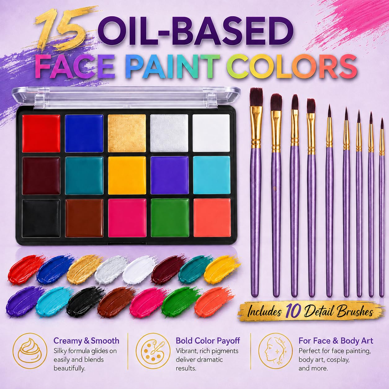 UCANBE Face Body Paint Oil Palette + 10 Pcs Brushes Set, Professional 15 Colors Face Painting Makeup Kit for Halloween Cosplay SFX Parties Theater Stage Artist Costume Festival