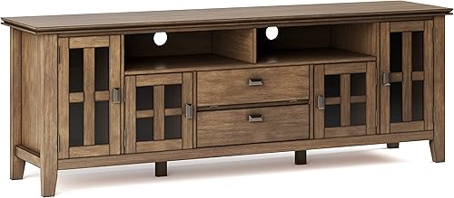 SIMPLIHOME Artisan - Soporte de TV contemporáneo de madera maciza de 72 pulgadas de ancho en marrón rústico natural envejecido para televisores de