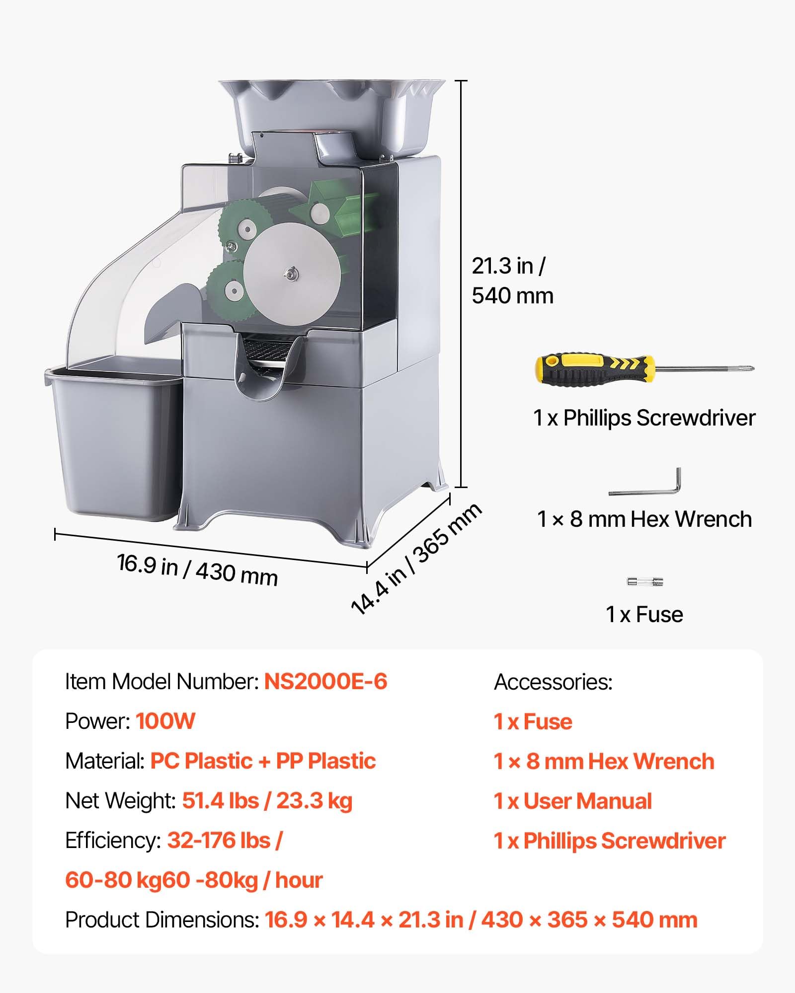 VEVOR Máquina Exprimidora de Naranjas Comercial 100 W de Acero Inoxidable, Con Tapa de policarbonato, Con Recipiente y Cesta de Fruta, 60 y 80 kg de Cítricos por Hora, Para Limones, Frutas Cítricas