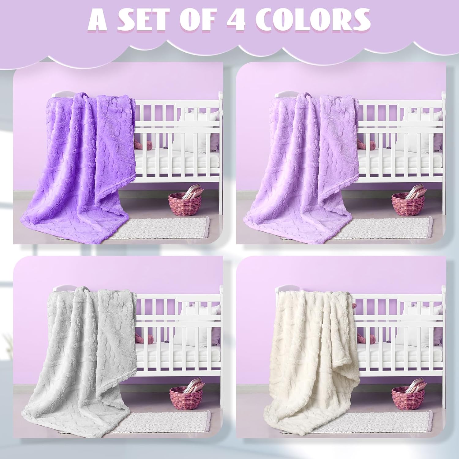 VitalCozy 4 Pcs Fleece Baby Blankets for Boys Girls 3D Soft Plush Warm Baby Receiving Blankets 30" x 40" Cozy Fluffy Infant Toddler Newborn Swaddling Blanket for Crib Nursery Bed(Purple Set)