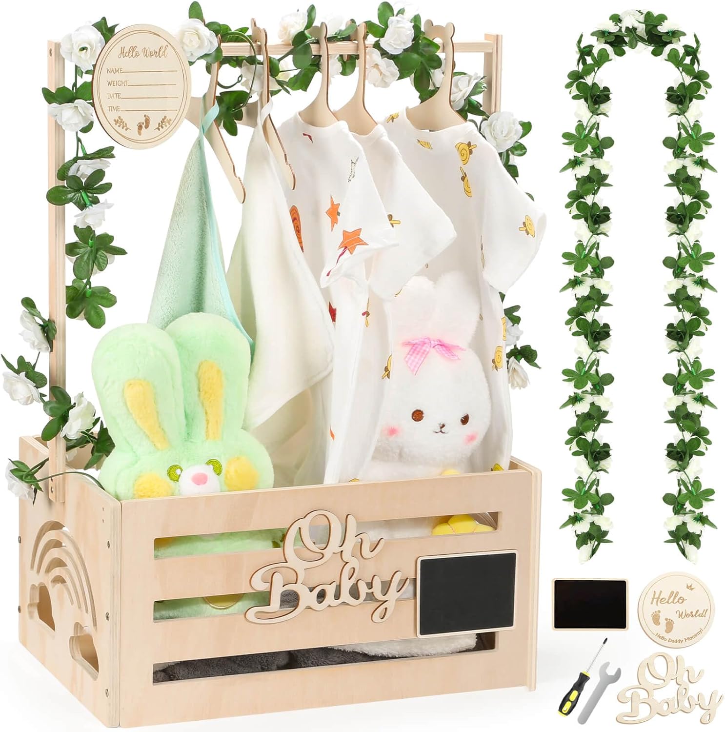 Jupwalz Wooden Baby Shower Crate Closet With Hangers, Letters, Dividers - Easy Assembly Basket for Newborn Boys Girls - Pregnancy Gifts for New Parents