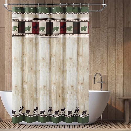 Miniatura 2 de Cortina de ducha de tela, cortina de ducha de oso y alce, cortinas de ducha de cabaña para baño, cortinas de baño impermeables, 72 pulgadas de ancho