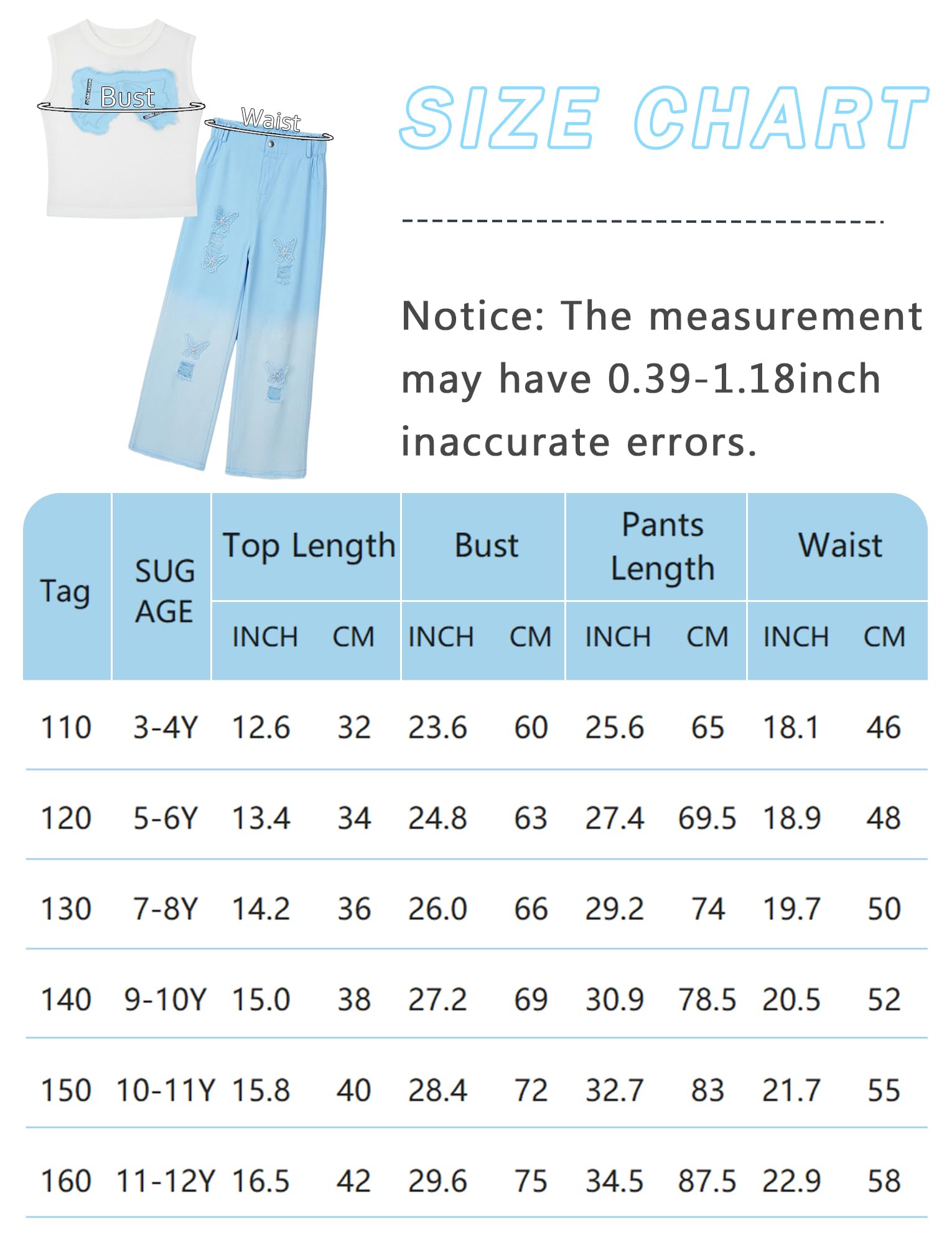 SEAUR Ensembles Fille Débardeur et Jean 2 Pièces Été Crop Tank Top et Pantalon Ensembles de Vêtements Enfant 110-160 CM (3-12 Ans)