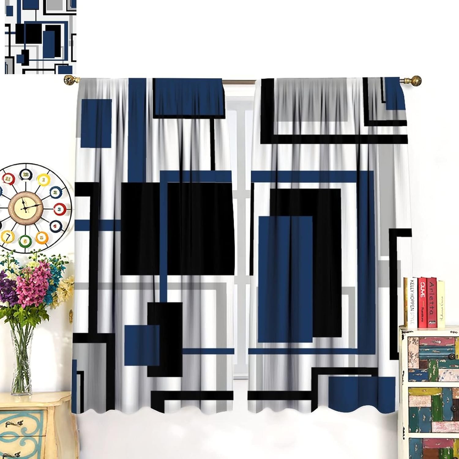 Black Grey Blue Rod Pocket Blackout Curtains for Bedroom - Modern Abstract Art Geometric Plaid Mid Mid Center Window Treatment,Thermal Insulated Room Darkening Curtains 2 Panels 63L x 21W
