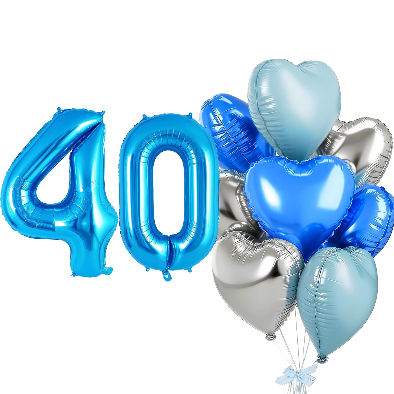 Blue Balloon 40, Foil Balloon Number 40, Heart Foil Balloon Blue Silver, 40 Inch Helium Balloon 40 with Heart Balloons, Balloon 40th Birthday Decoration Set for Birthday Anniversary Party Decoration