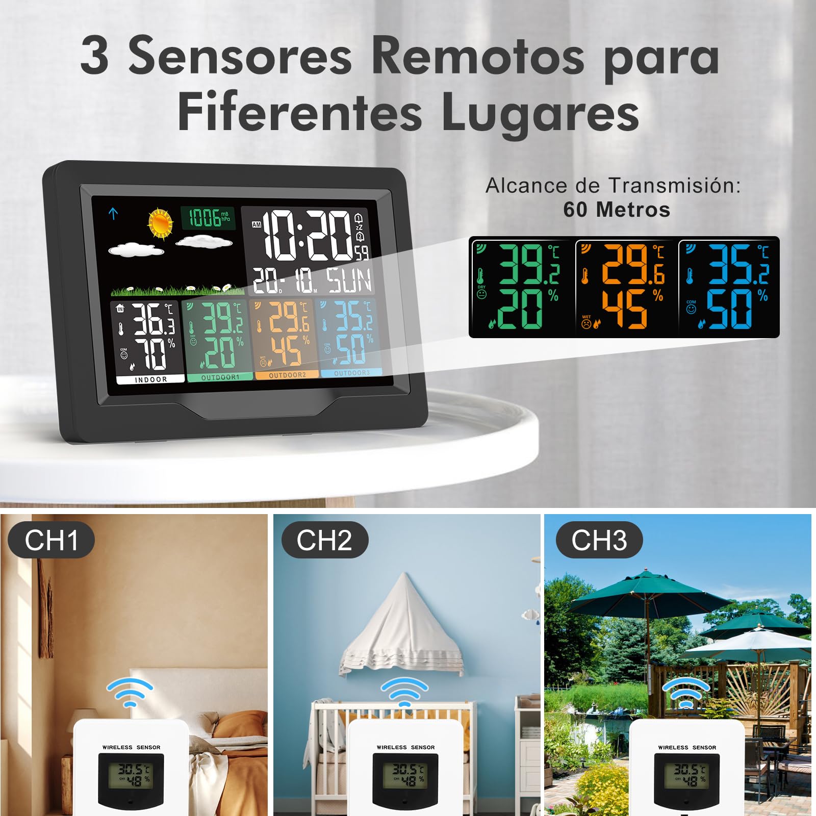 jely Estacion Meteorologica con 3 Sensores Exteriores Inalámbrica Digital Estación Meteorológica Interior y Exterior Termómetro Higrómetro con Barómetro, Pronóstico del Tiempo, Reloj DCF, Despertador