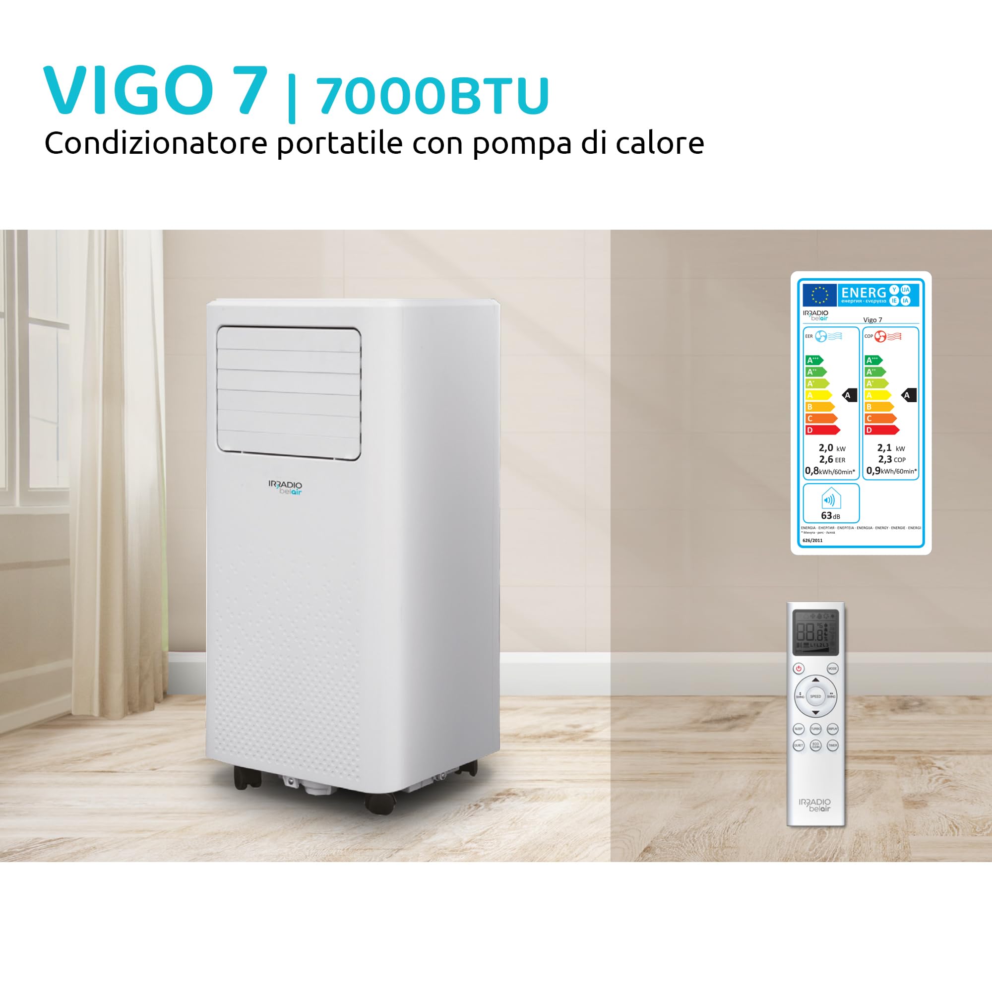 VIGO 7, Condizionatore Portatile 7000 BTU con Pompa Calore e Deumidificatore, Tubo Scarico Aria Posteriore, Gas R290, Telecomando Wireless, Timer programmabile, Ruote, 63dB