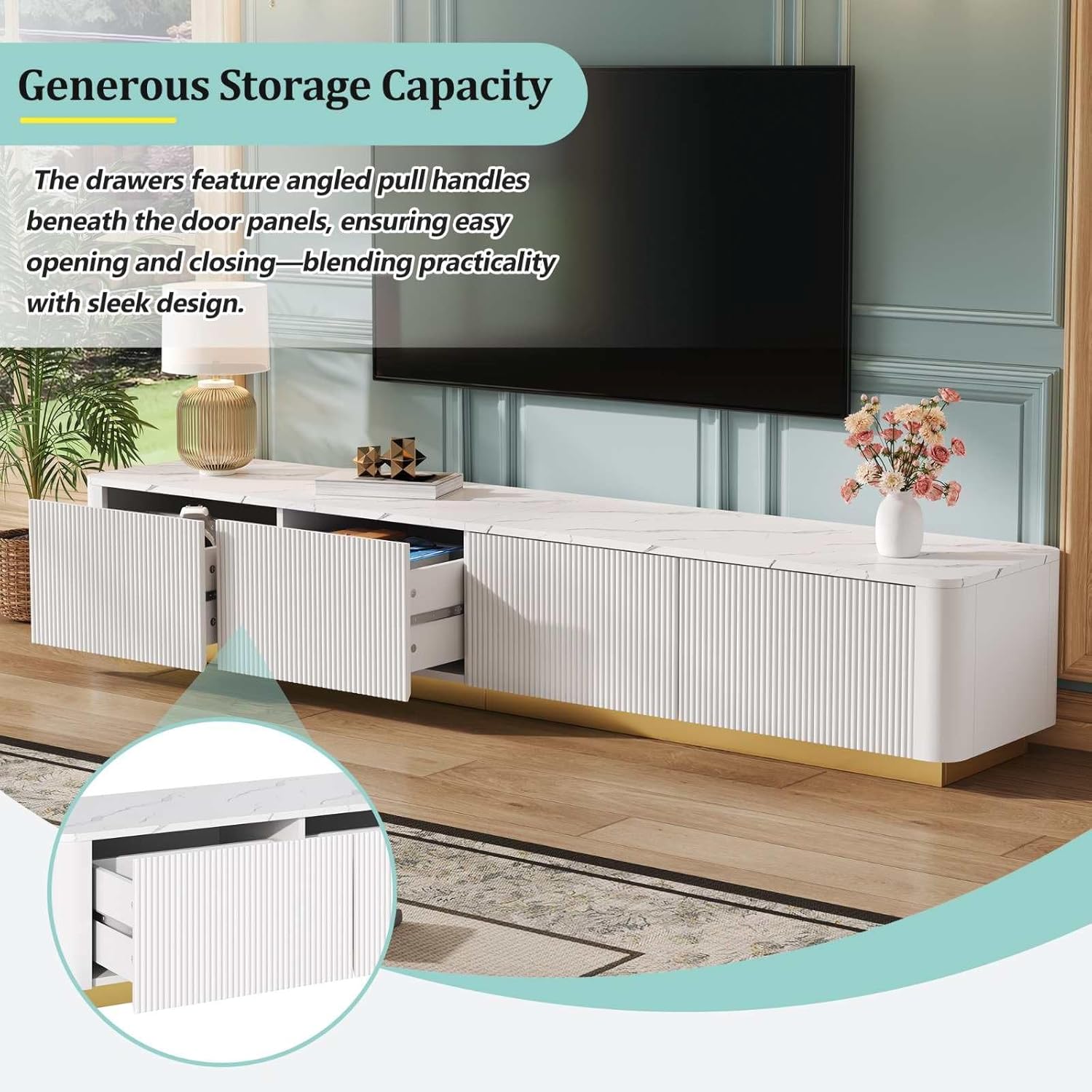Luxury Fluted TV Stand for TVs Up to 85", Faux Marble Media Console with 4 Storage Drawers, Modern Entertainment Center with Gold Base for Living Room
