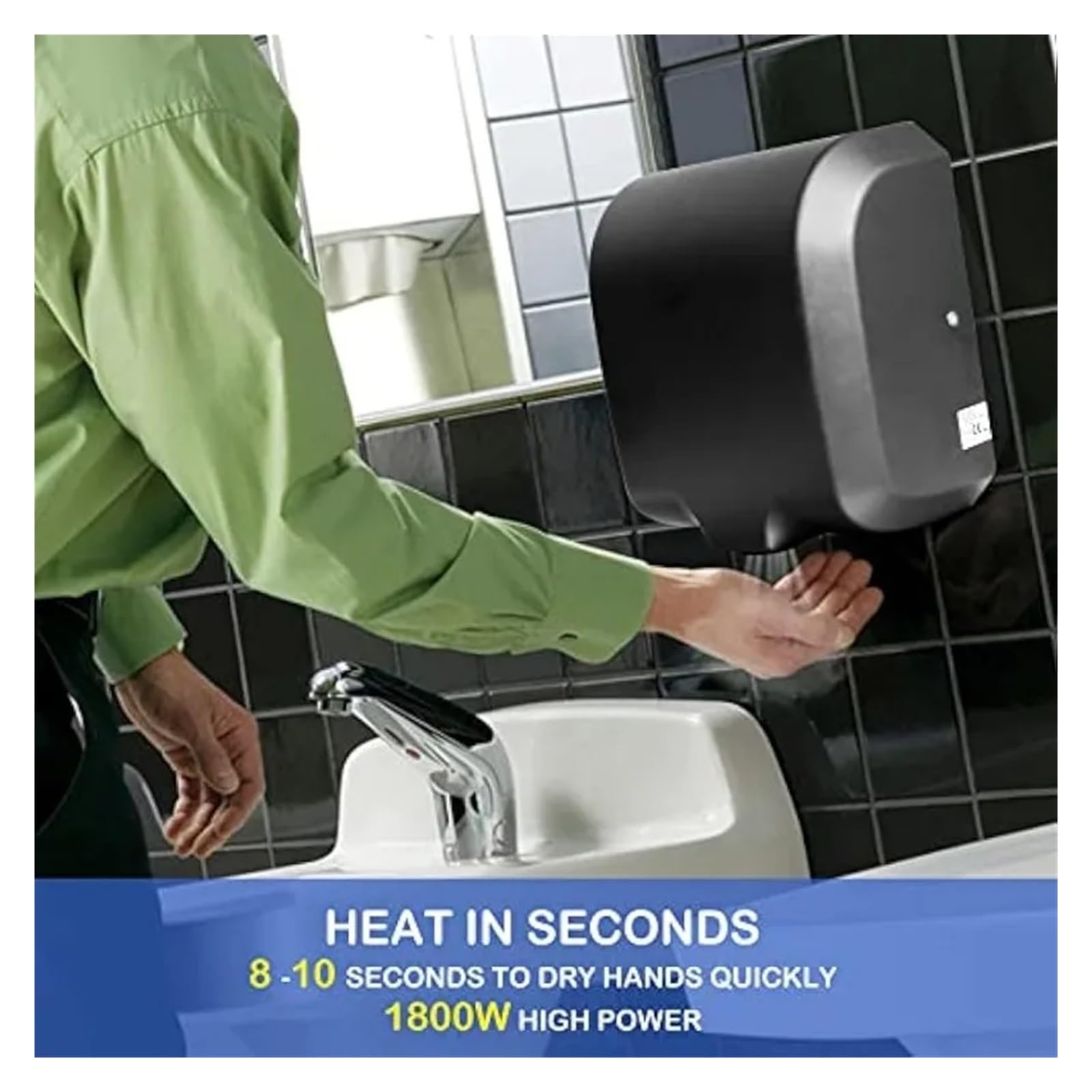 Secador de Manos Comercial de Acero Inoxidable, Pulido Opaco Resistente de Alta Velocidad automático de 1800w,Secado rápido(Matte Black)