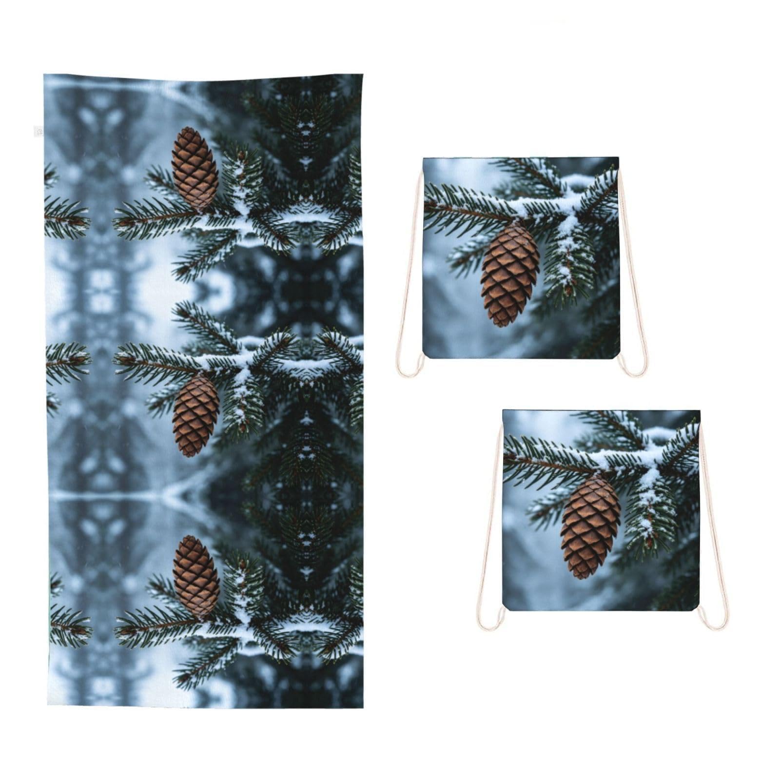 CNTDBU Green Pine Branch 2 in 1 Packable Towel Bag-Large Beach Towel with Stuff Sack, Super Absorbent Microfiber Travel Towel for Pool