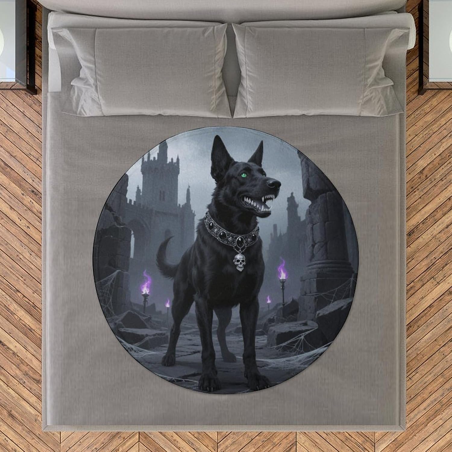 Gothic Black Dog Throw Blanket Round Beach Towel | 59.1 Inch Circular Flannel blanket Large Soft Beach Blanket Lightweight Foldable Beach Towel Throw for Daily Leisure Use