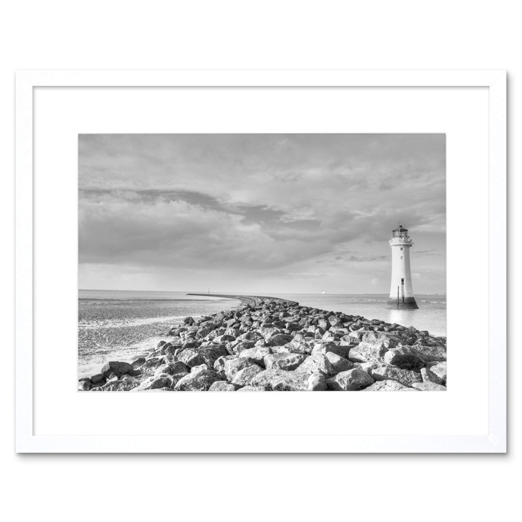 Wee Blue Coo Lighthouse Black And White Jettty Wharf Seascape Framed Wall Art Print