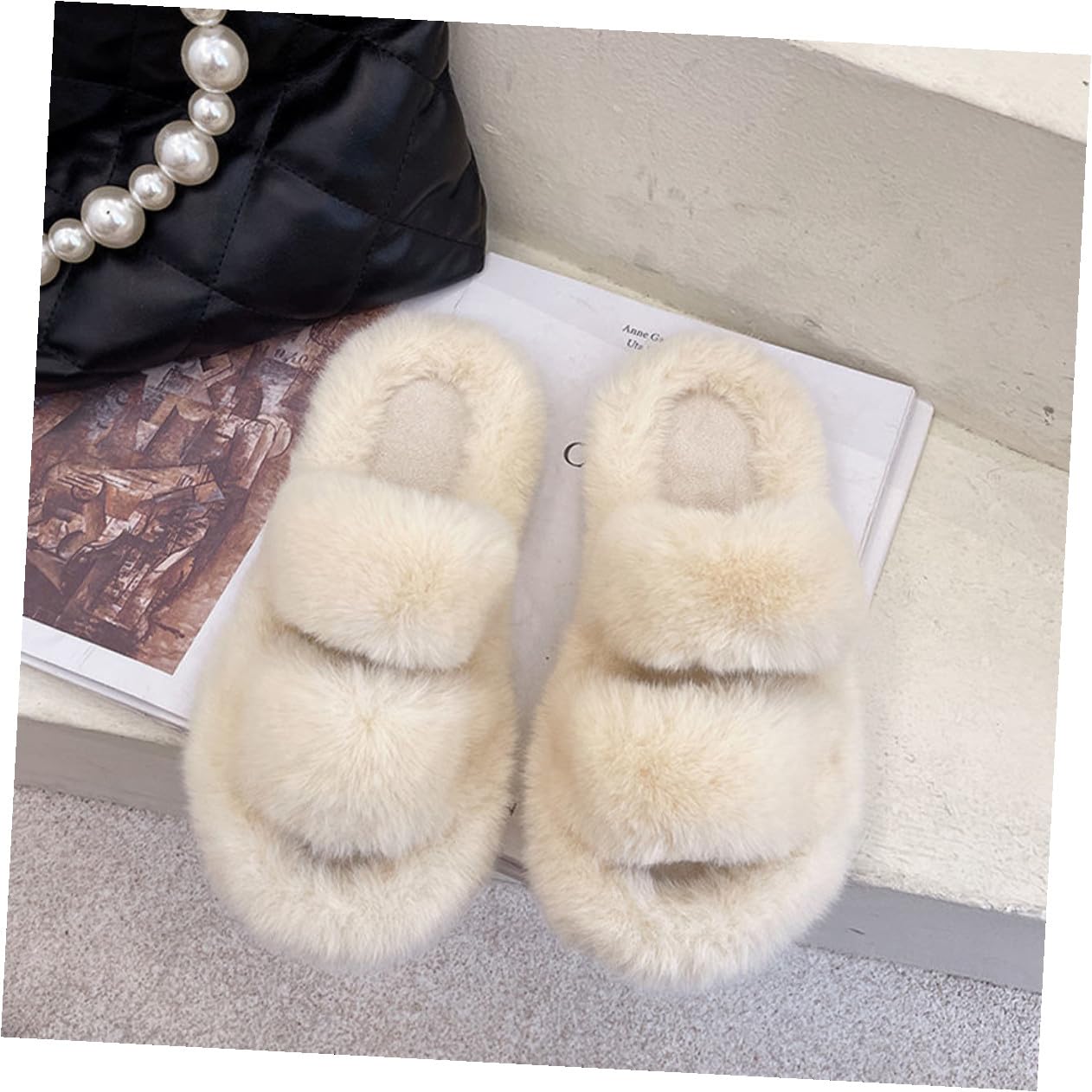 Pantofole da Donna Pelliccia Bianca, Confortevoli e Calde, Suola Antiscivolo in Gomma, per Uso Interno in Inverno e Autunno