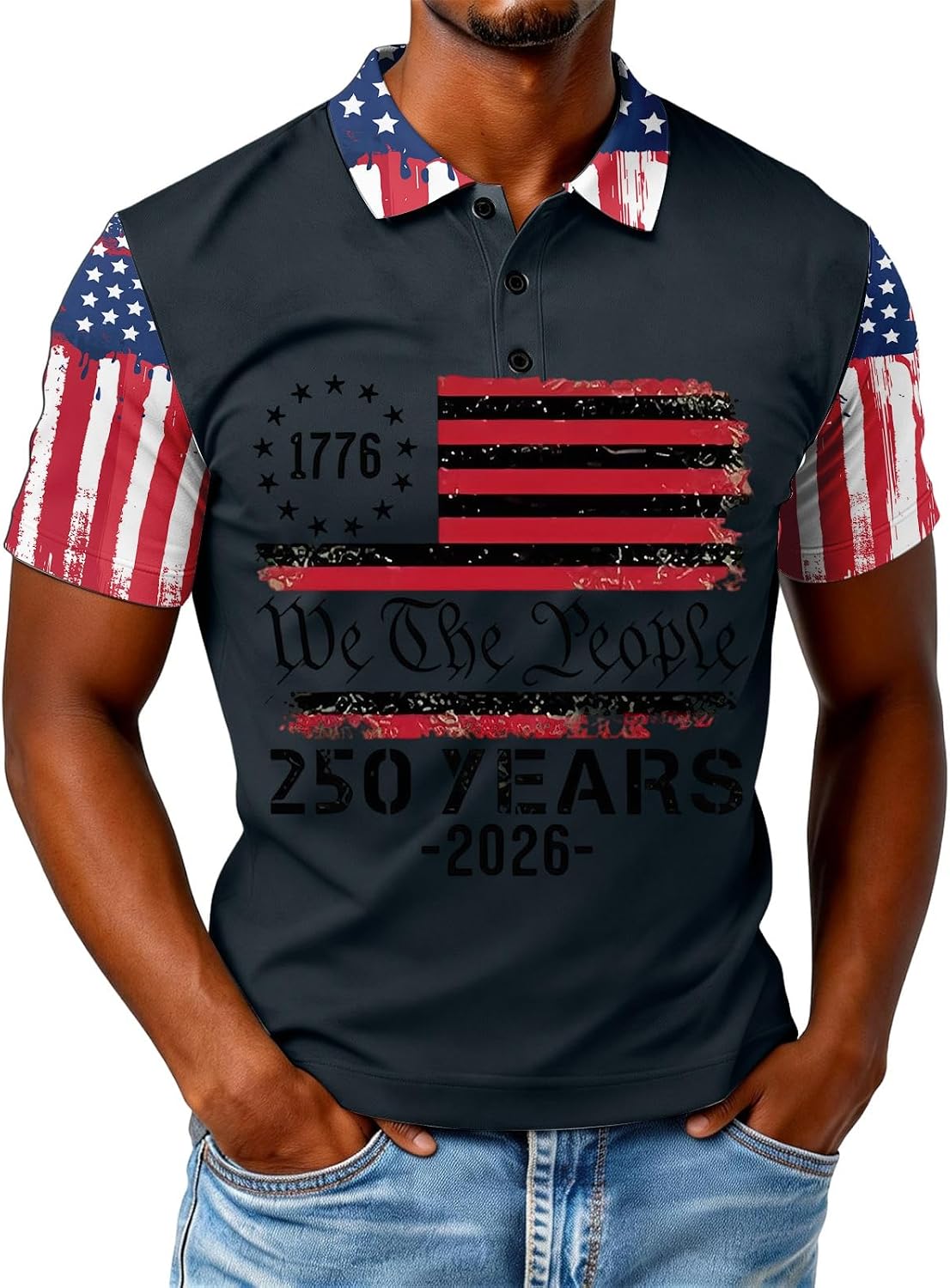 Ymosrh Men's Casual Polo Shirts Sleeve We The People 250 Years American Flag Print Casual Patriotic Golf Shirts, M-3XL