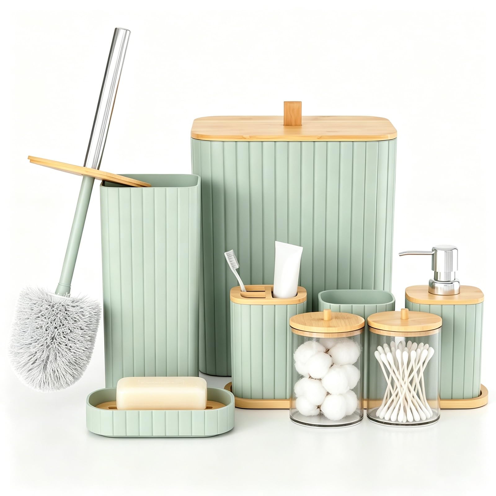 Capslpad Bathroom Accessories Set of 9, Modern Bathroom Accessory Set with Trash Can, Toilet Brush, Toothbrush Holder and Cup, Lotion Soap Dispenser, Soap Dish, Qtip Holder,Tray for Home Decor, Green