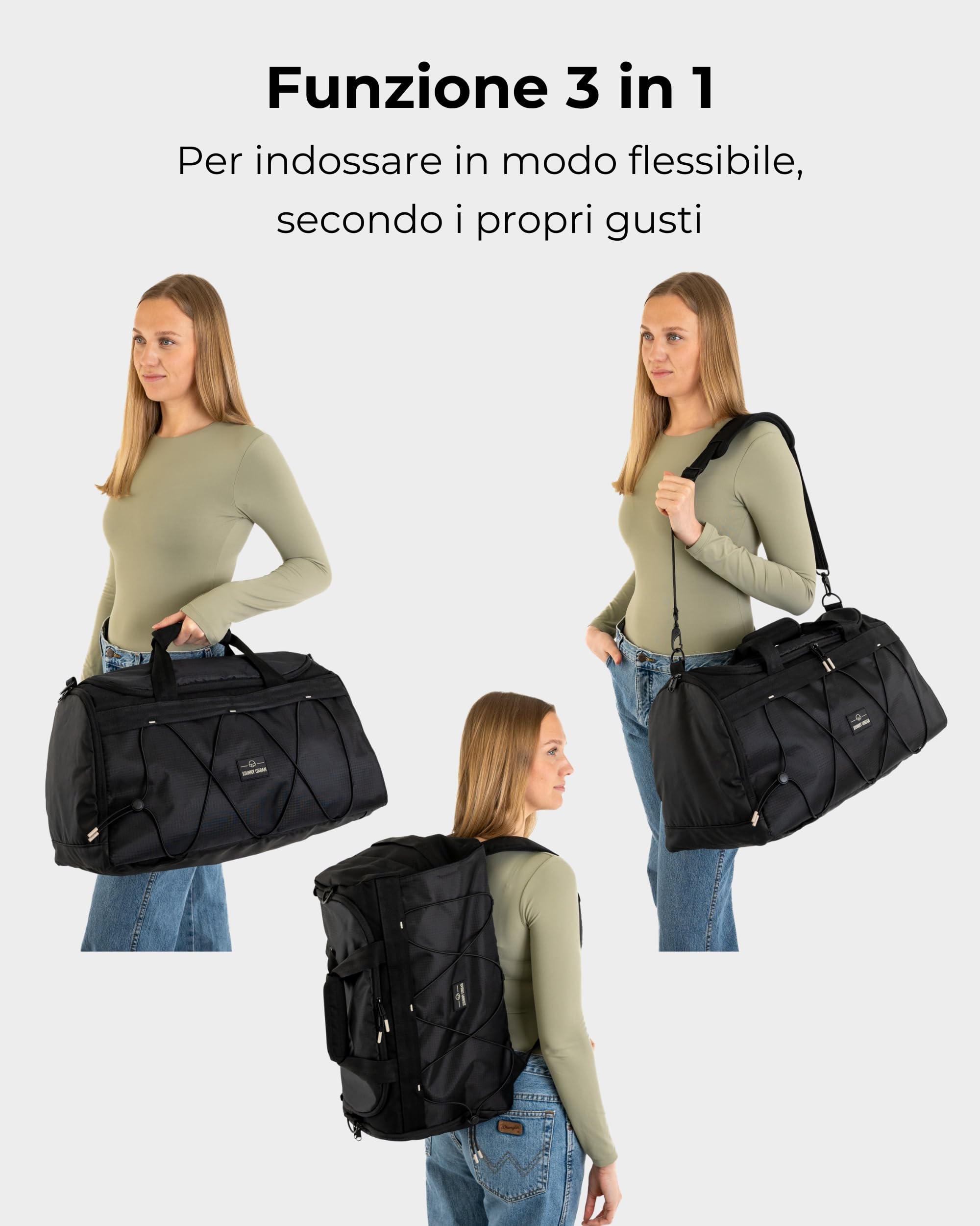 Johnny Urban Borsone Palestra Uomo Donna Nero - Shawn - Borsa Sportiva e Zaino 2 in 1 - Borsa da Viaggio Con Scomparto Per Le Scarpe - Idrorepellente