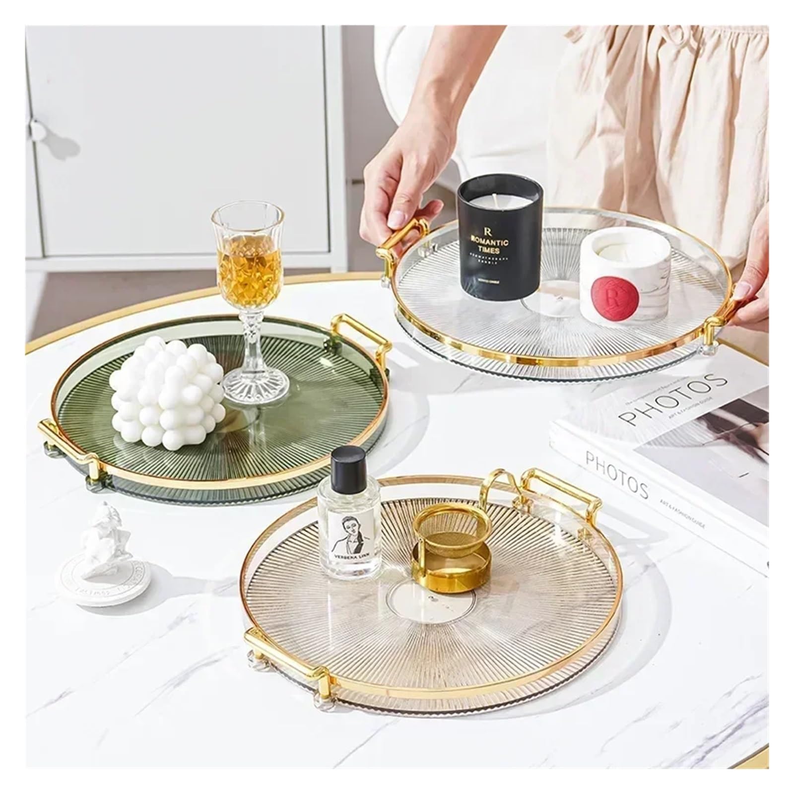 Bandeja Perfumes Bandeja de Almacenamiento Redonda for el hogar, Sala Estar, Mesa Centro, Taza té, Plato, Organizador aromaterapia, decoración(Gold)