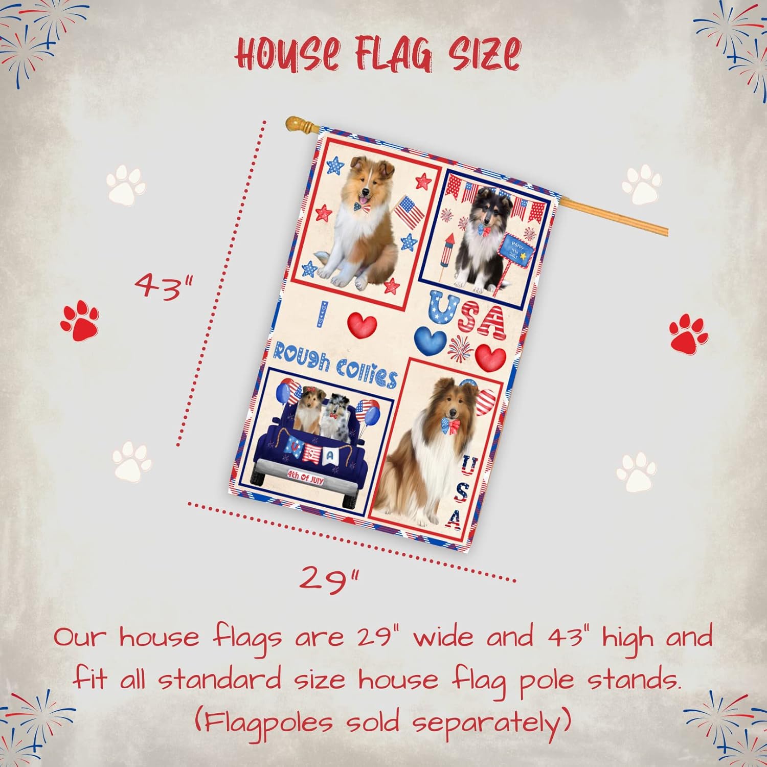 4th of July Independence Day I Love USA Rough Collie Dogs House Flag - Outdoor Double Sided Pet Portrait Weather Resistant Premium Quality Home Decorative Flags - 100% Polyester 29"w x 43"h
