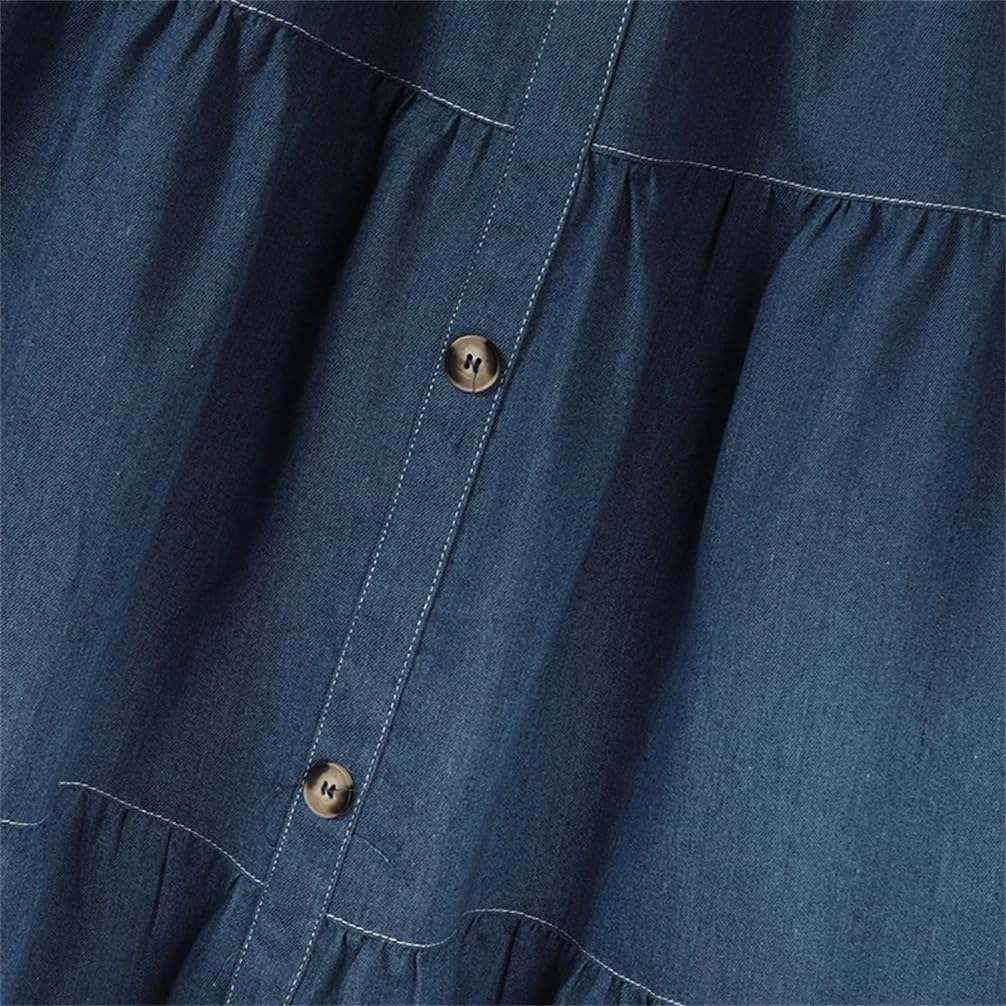 Jupe en denim bleu uni avec taille élastique pour femme - Jupe trapèze décontractée et ample pour le travail