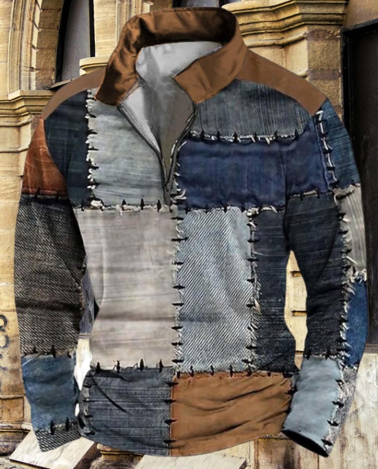 Mens Retro Large Size Long Sleeve Shirt Fashion Zipper Pullover Plaid Patchwork Street Top Create Trendy Street Style - Image 2