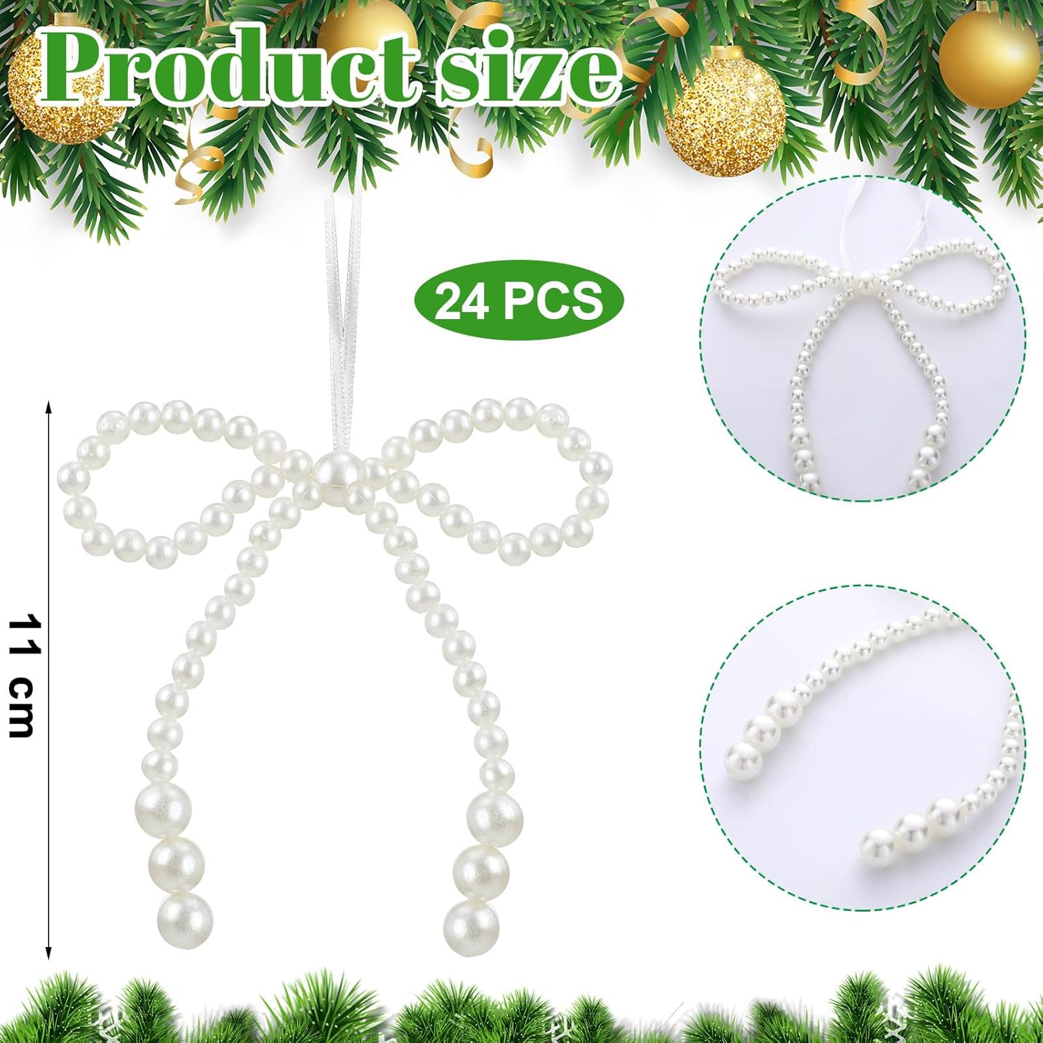 24 Pcs Pearl Bow Ornaments Bowknot Tree Topper Decor Hanging Ornament Pendant Gift for Wedding Birthday Party Indoor Decoration (White)