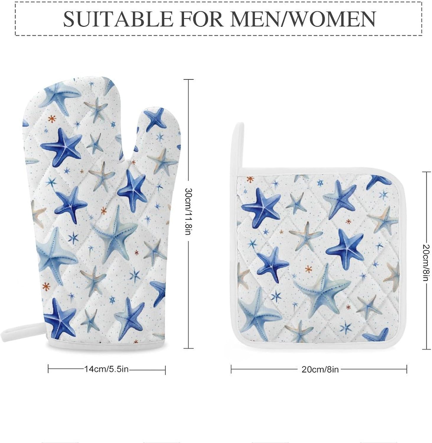 Starfish Ocean 4 Pcs Oven Mitts and Pot Holders Set High Heat Resistant Long Kitchen Oven Glove Potholders