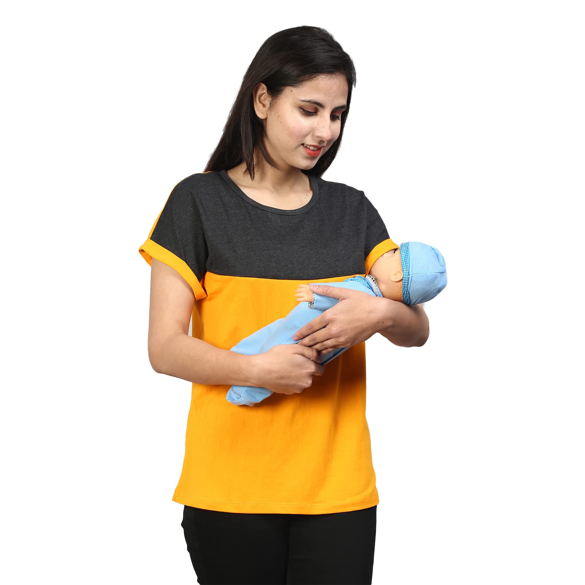 Sillyboom Premium Cotton Dual Color Women's Pregnancy Maternity Feeding T-Shirt, Nursing Top Tee Round Neck Half Sleeves T-Shirt for Pregnant Women-image-44