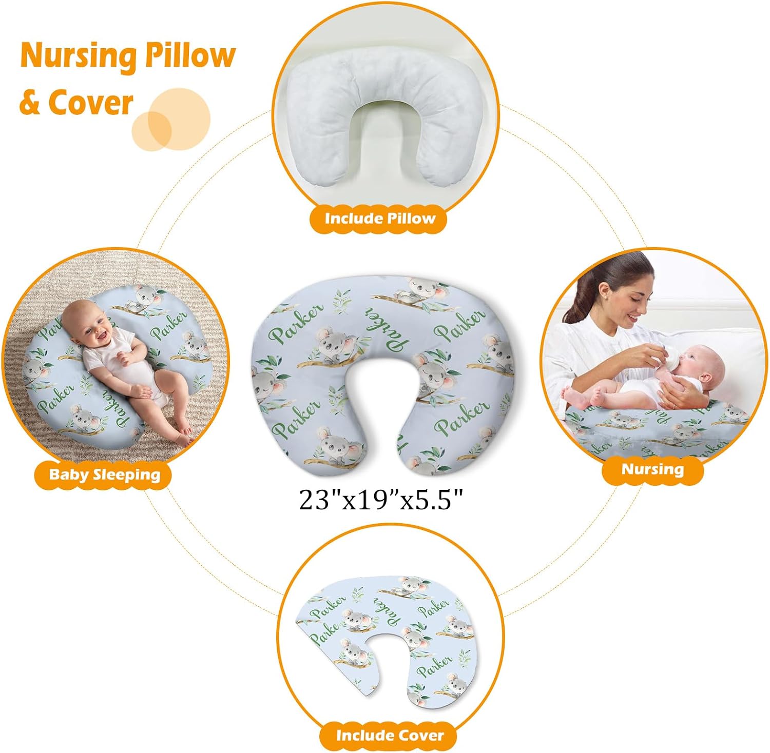 Custom Baby Nursing Swaddling Set: Personalized Custom Name Blue Swaddle Blanket Car Seat Cover Bow Headband Hat Nursing Pillow for Infant Girl Boy Watercolor Koala Animal Pattern