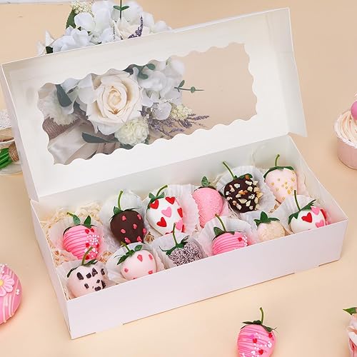 Miniatura 5 de Moretoes 30 cajas de galletas, 12 x 5.5 x 2.5 pulgadas, caja de panadería blanca con ventana para golosinas, fresa cubierta de chocolate, donas,