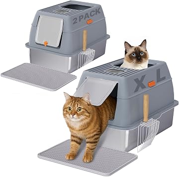 2 Pack Stainless Steel Litter Box with Lid, 6 Deep Pan, Extra Large Litter Box for Big Cats, Anti-Leakage, Odor Free, Front & Top Dual Entry, Includes Litter Mat & Metal Scoop