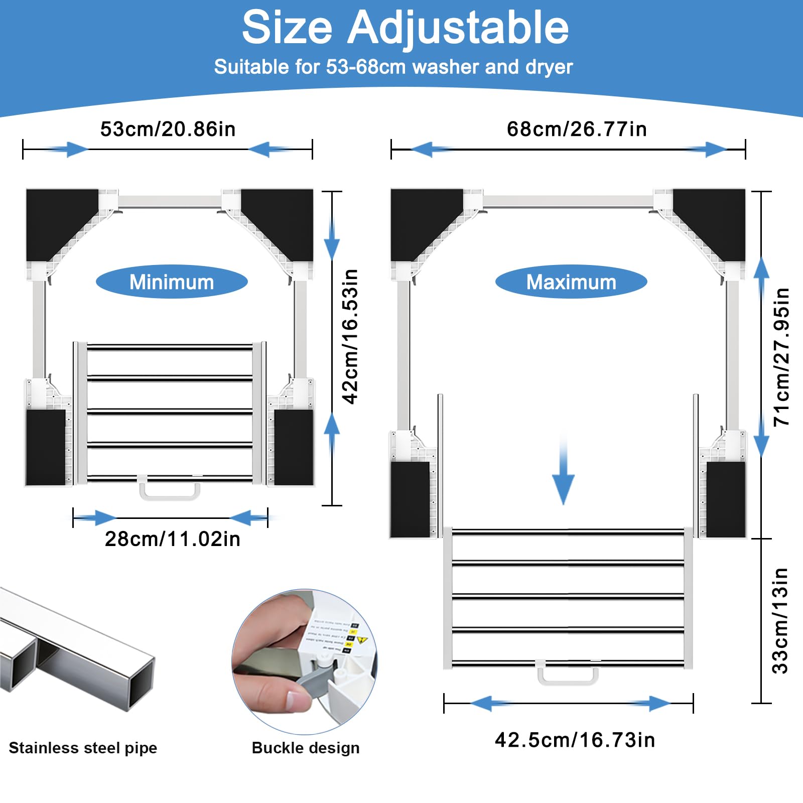 Kiss Core Verbindungsrahmen für Waschmaschine/Trockner Zwischenbaurahmen mit ausziehbarer Handtuchhalter aus Universell für alle Marken mit Breite von 53-68cm