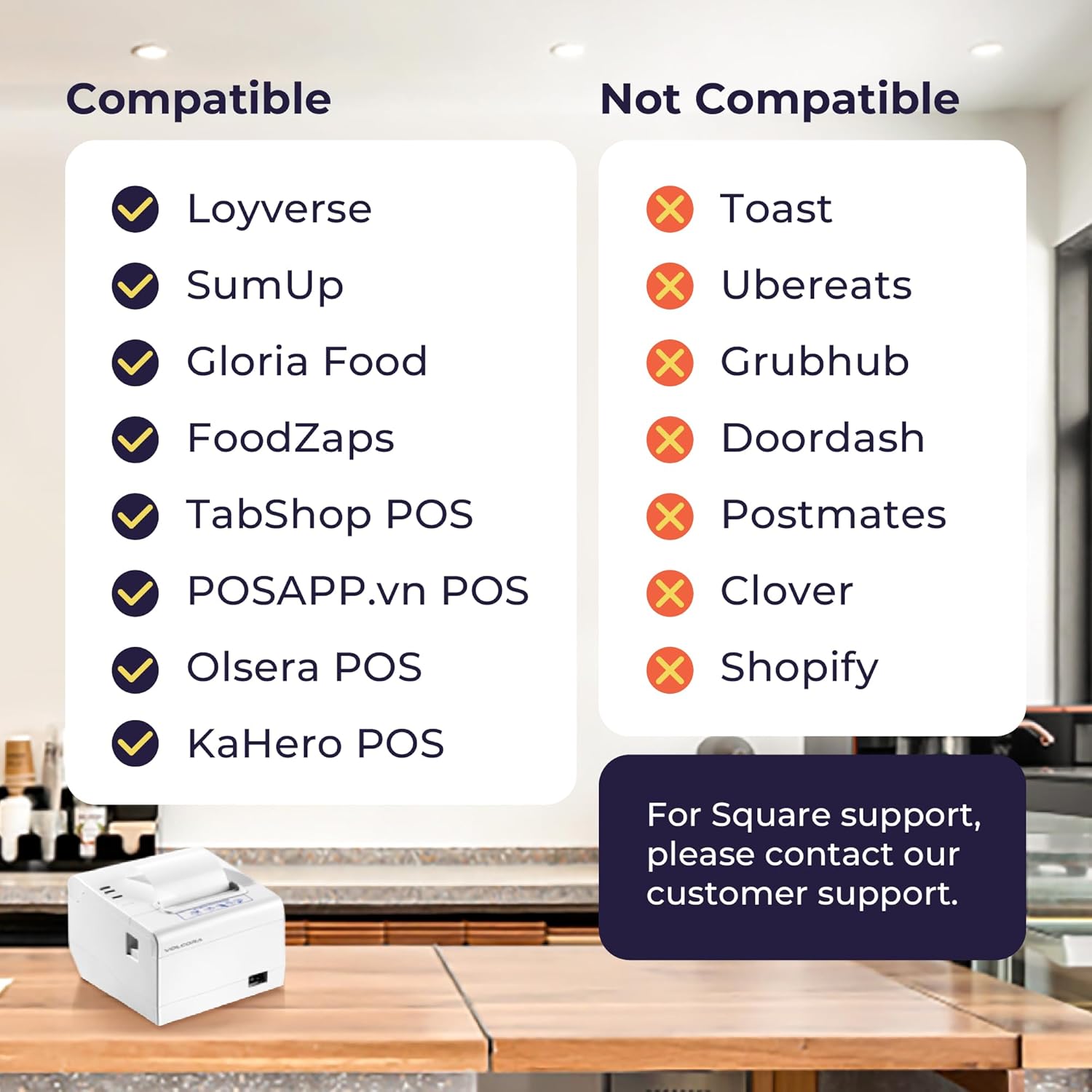 Chart showing compatible POS systems (Loyverse, SumUp, Gloria Food, FoodZaps, TabShop POS, POSAPP.vn POS, Olsera POS, KaHero POS) and non-compatible systems (Toast, Ubereats, Grubhub, Doordash, Postmates, Clover, Shopify). A note indicates to contact support for Square compatibility.