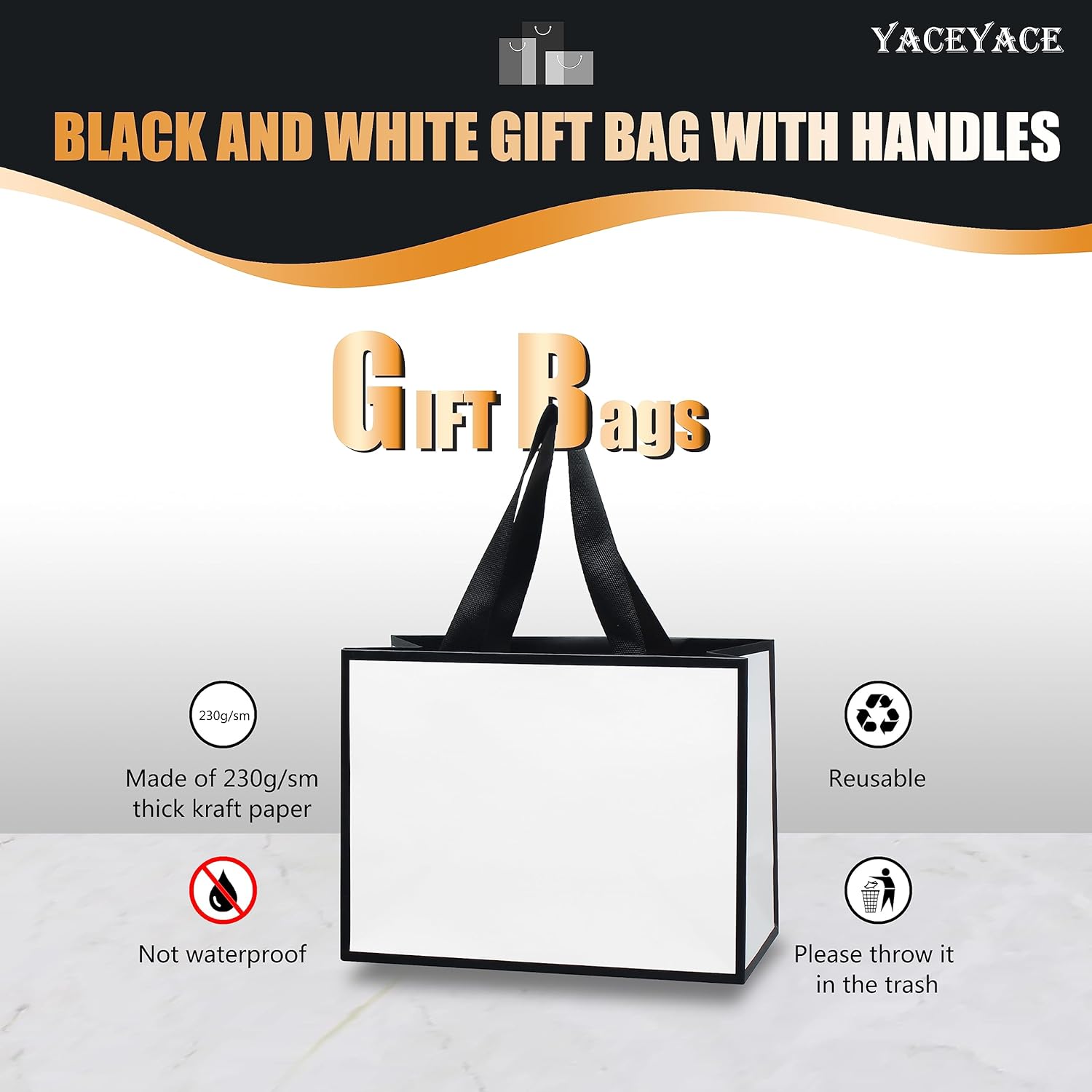 Small White & Black Gift Bags, 10 Pcs, 8x3.75x6 Inch, Ribbon Handle, Mini Gift Bags for Party, Birthday, Goodie Bag, Favor Bag - Image 5