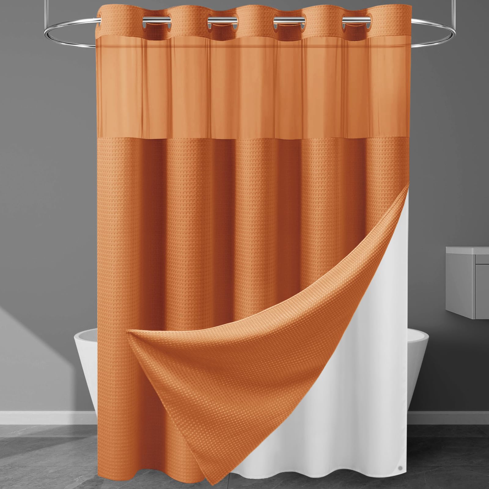 EUTXL Rideau de Douche sans Crochet avec Doublure à Clipser – 230 g/m² – Rideau de Douche à Tissage gaufré pour Salle de Bain – Orange brûlé – 180 x 188 cm (l x H)