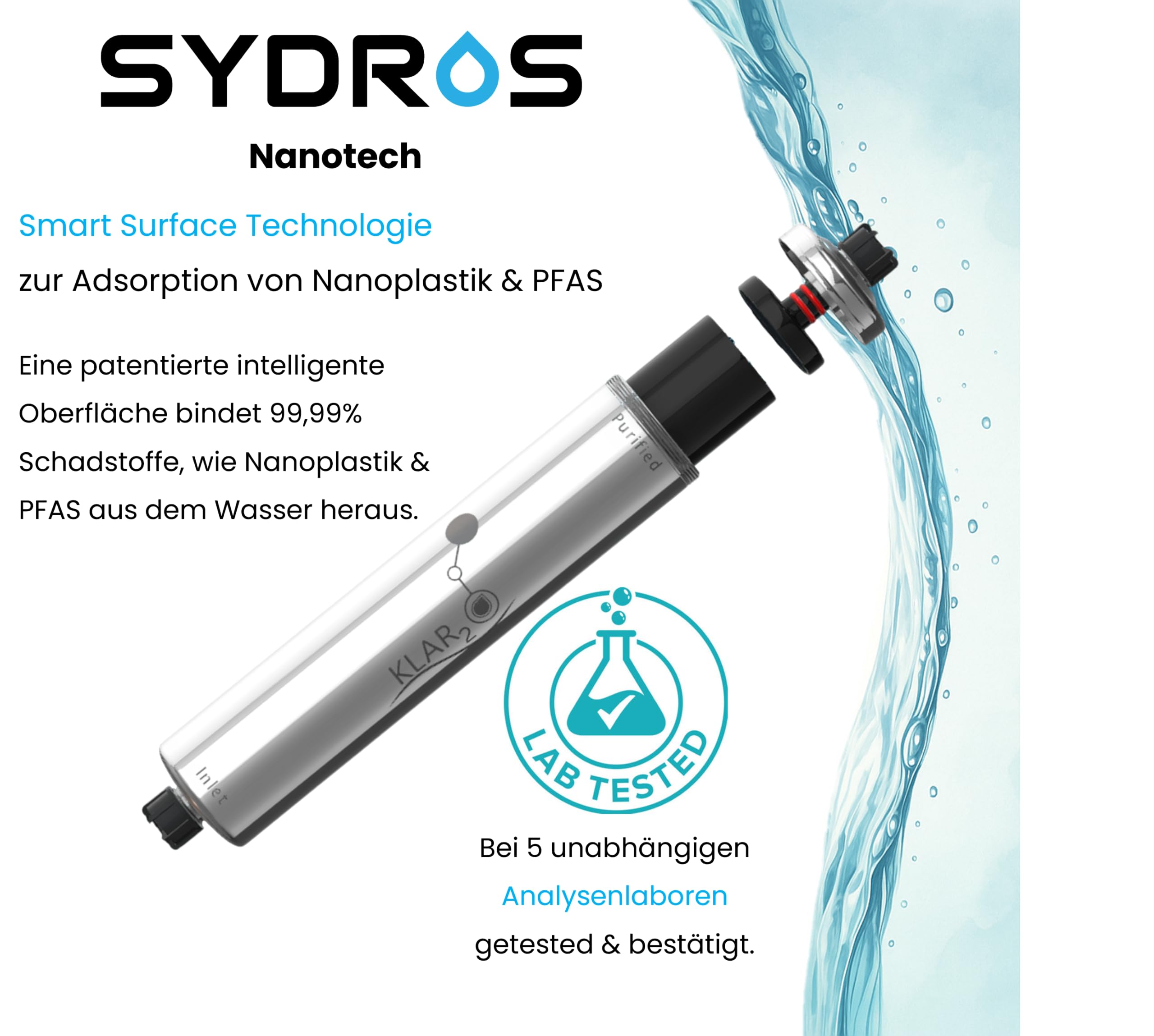 Klar2O Wasserfilter - filtert bis zu 99,99% Mikroplastik, Nanoplastik & PFAS dank patentierter Klar2O Technologie
