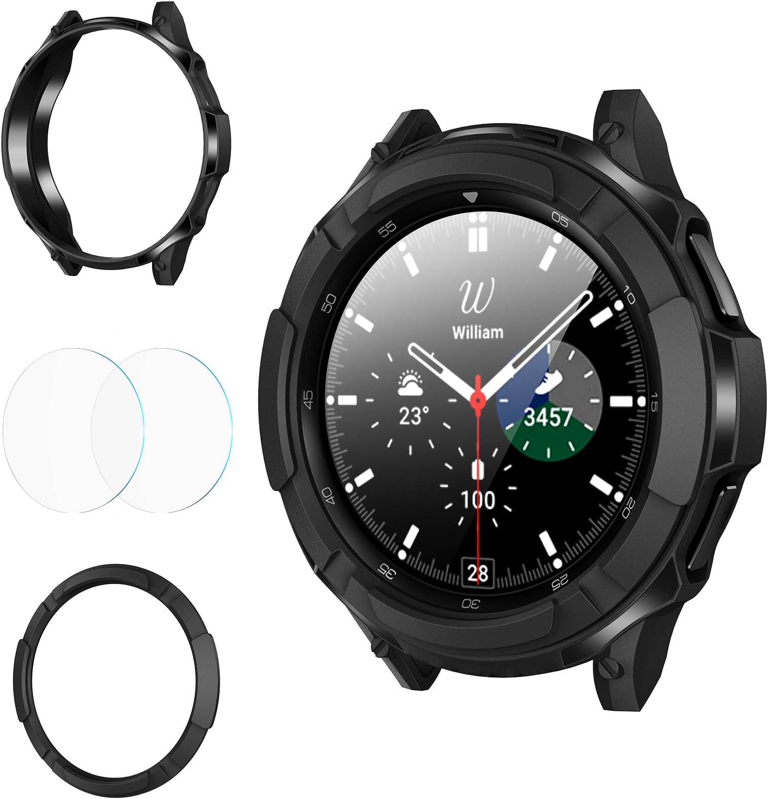 3 in 1 Accessories for Samsung Galaxy Watch 4 46mm, 1 Rugged TPU Armor Bumper Case +2 Tempered Glass Screen Protector Films + 1 Bezel Ring for Galaxy Watch 4 46mm
