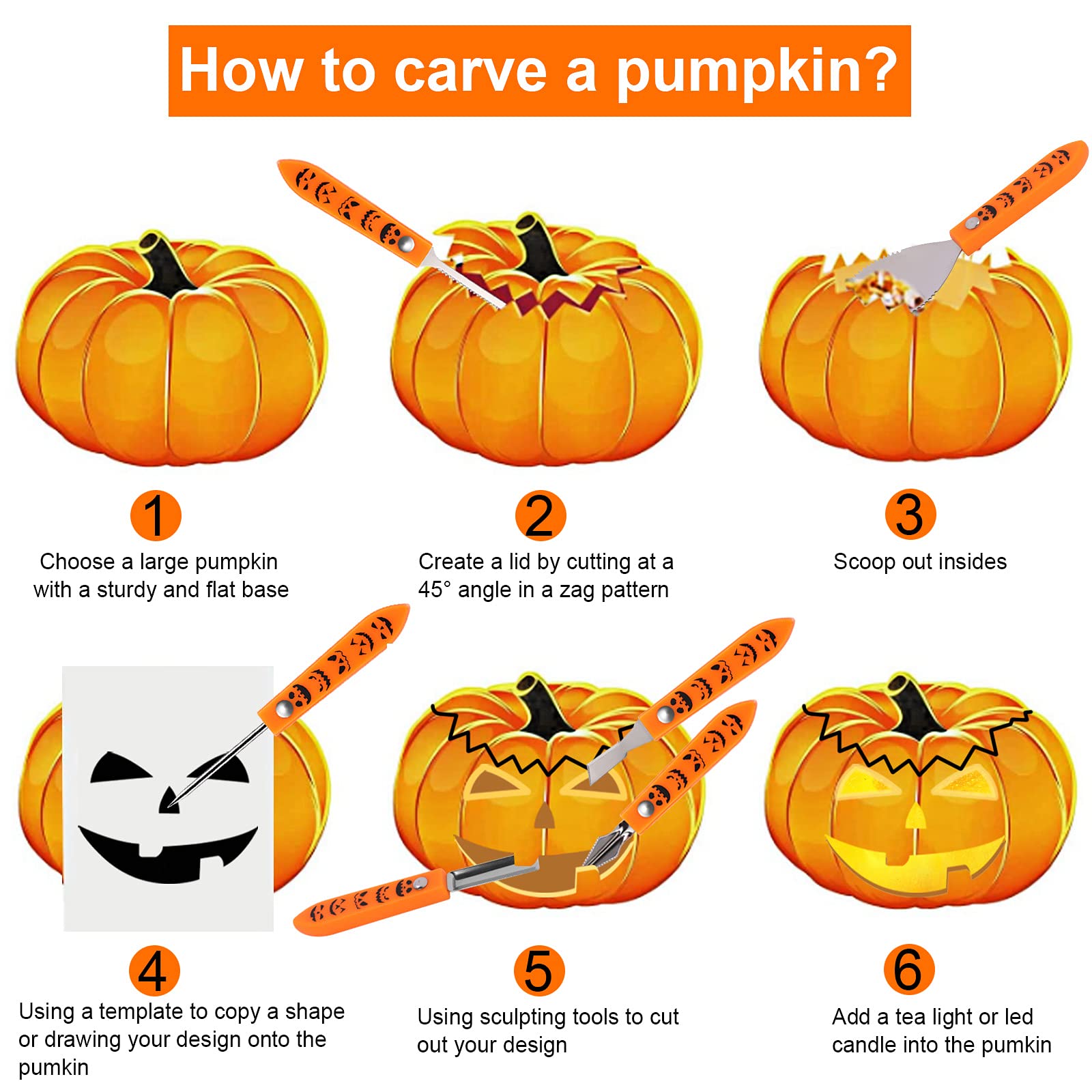 Kit di Intaglio della Zucca 7 Pezzi Set per Intagliare di Zucca Halloween con Stencil di Zucca, Strumenti Professionale per Intagliare di Zucca in Acciaio Inossidabile per Adulti e Bambini