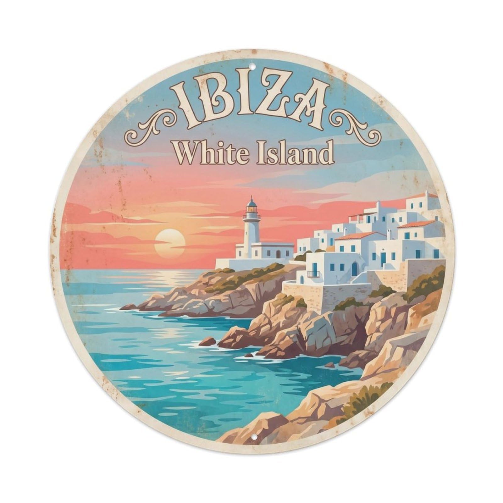 Vintage Travel Ibiza Sunset Beach Metal Tin Sign Plaque Wall Decor for Cafe, Club Bar, Office, Home Garden Round Metal Poster 8x8Inch