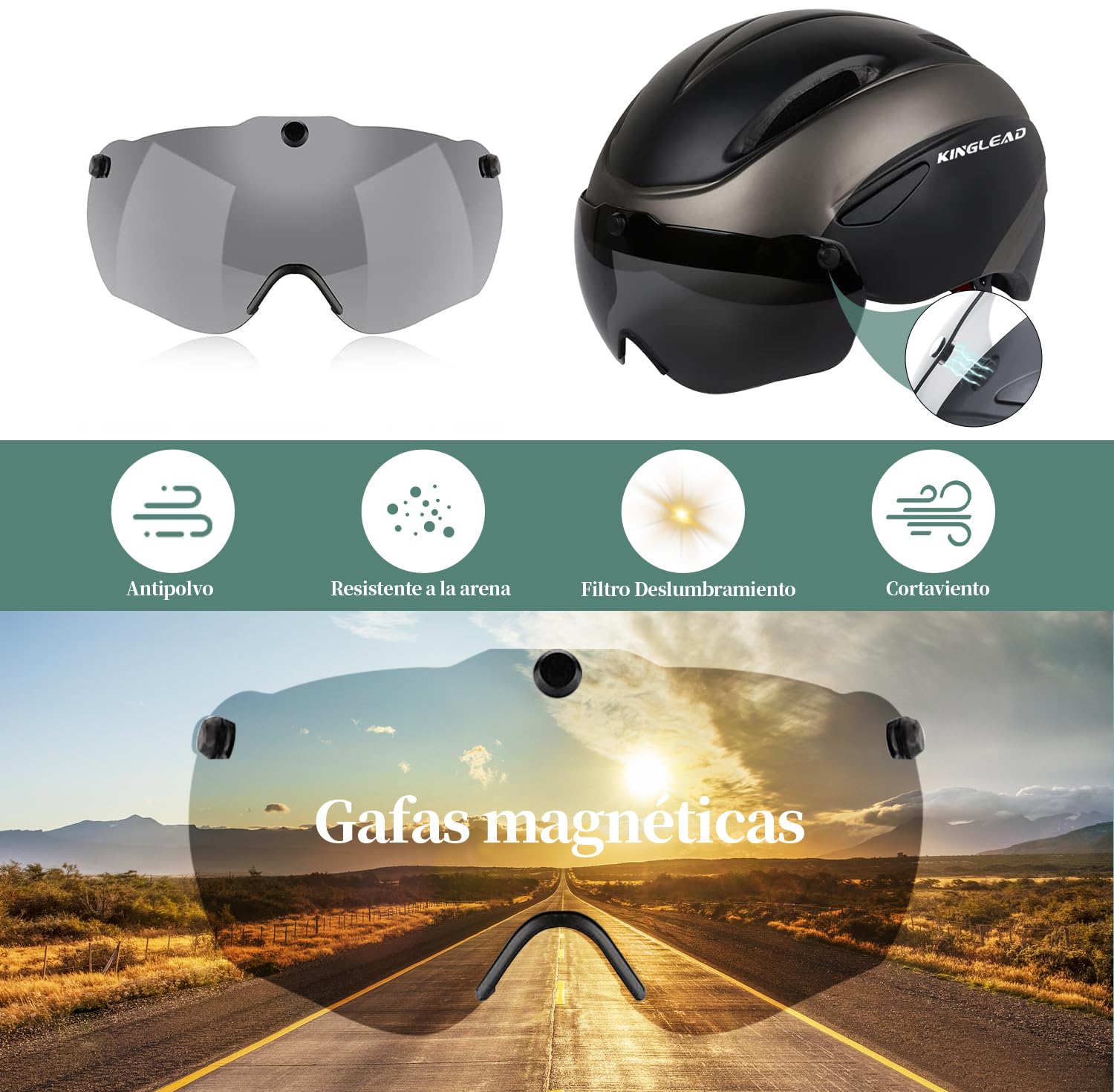 KINGLEAD Casco Bici Hombre Mujer, Casco MTB con Visera Magnética Extraíble, Bicicleta Ultraligero Transpirable Ajustable para Adultos