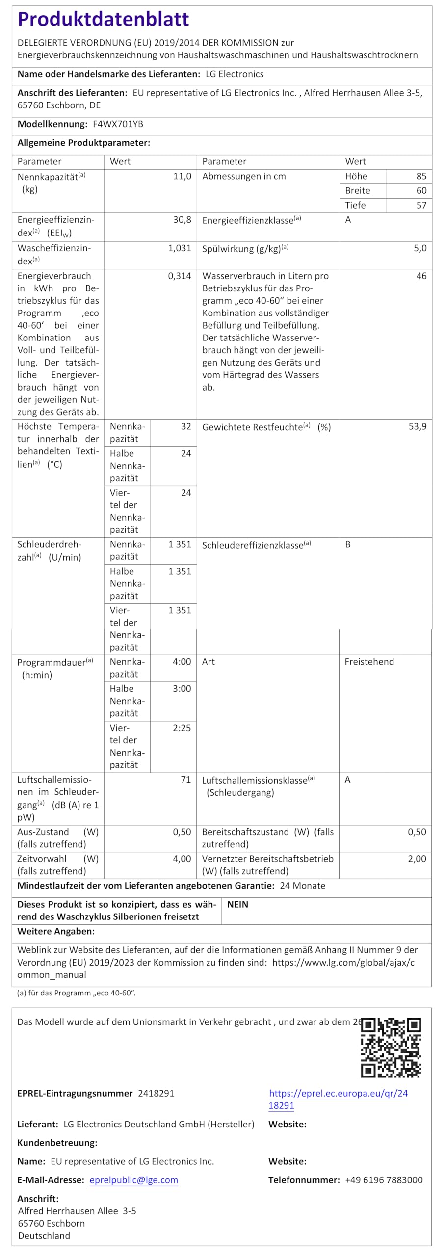 LG F4WX701YB Waschmaschine (11 kg, Energieklasse A-40%, 1.400 U/Min.) mit AI Wash, TurboWash 360, Steam, ThinQ, Schwarz
