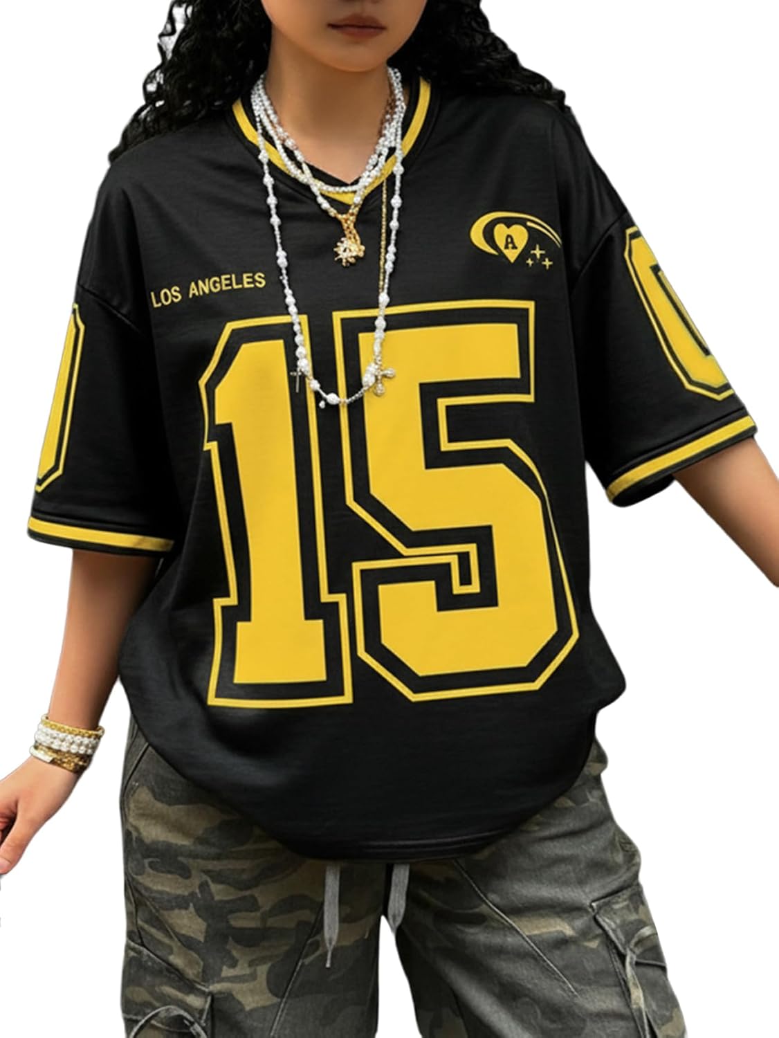 SOLY HUX Jersey Shirts for Women Number Graphic Print V Neck Baggy Tees Hip Hop Streetwear