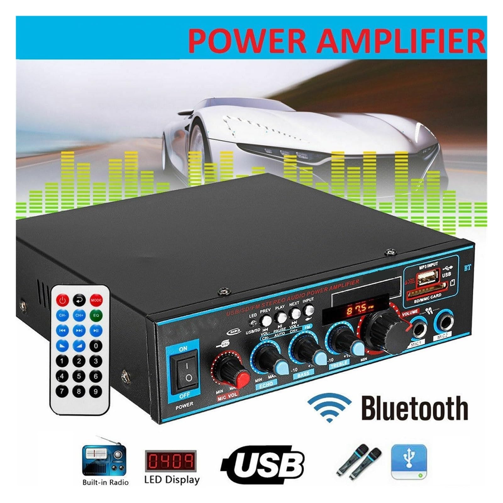 Wzmacniacz Bluetooth Do Głośników Kanał Car Audio Power AMP Bass Odtwarzacz Muzyki Z Pilotem Precyzyjne Strojenie