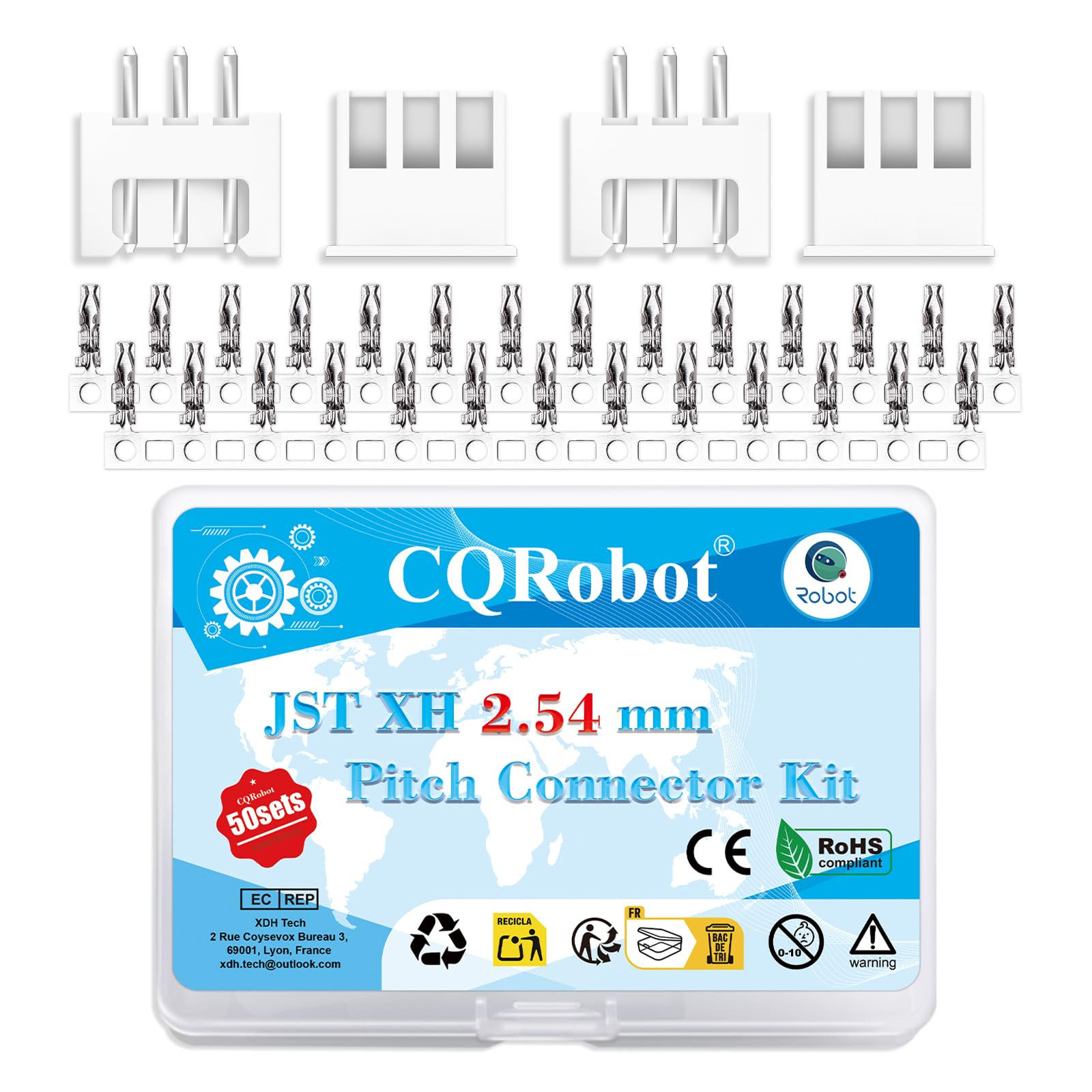 CQRobot JST XH 2.54 mm Pitch 3-Pin Electronic Computer Connector IC Male Plugs, Female Sockets Housing and T-Shaped Crimp Terminal Kit. 50 Sets/250