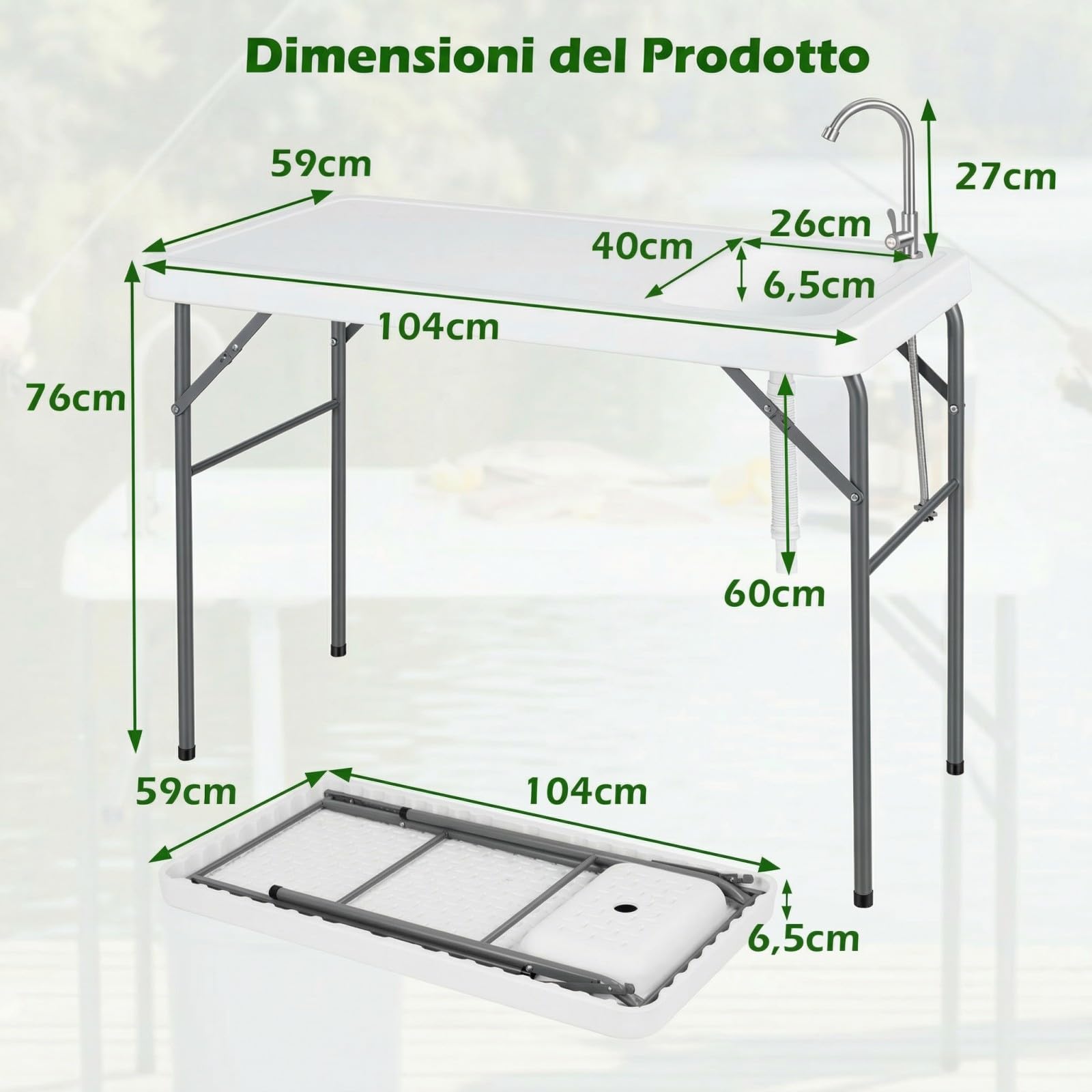 COSTWAY Tavolo da Campeggio con Rubinetto e Lavandino, 104 x 59 cm, Tavolo Pieghevole e Portatile per Lavaggio e Preparazione di Cibi, Pesca e Verdure, per Picnic, Spiaggia, Cortile e Giardino