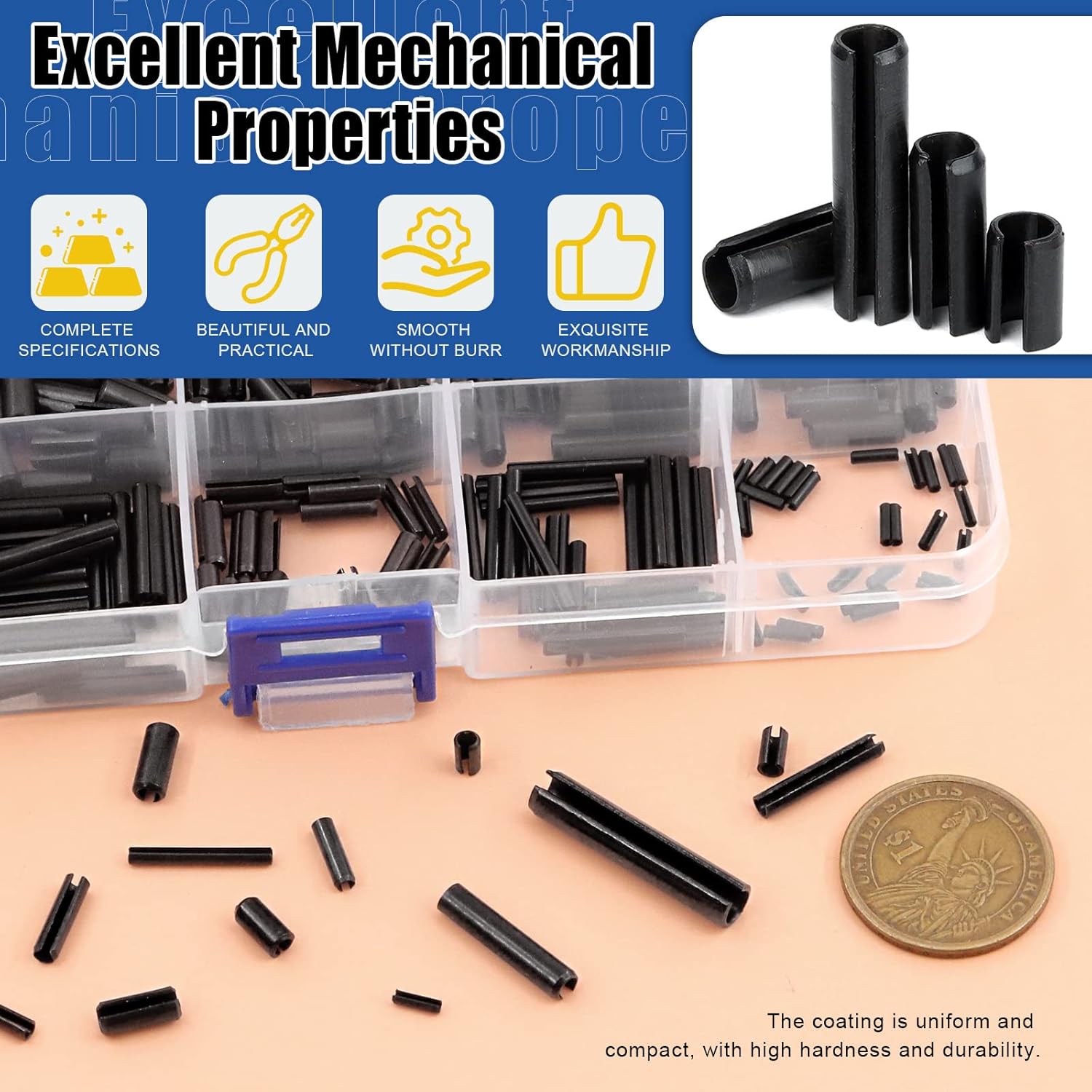 Glarks 416Pcs M1.5 M2 M2.5 M3 M4 M5 M6 Black Roll Pin Assortment Set