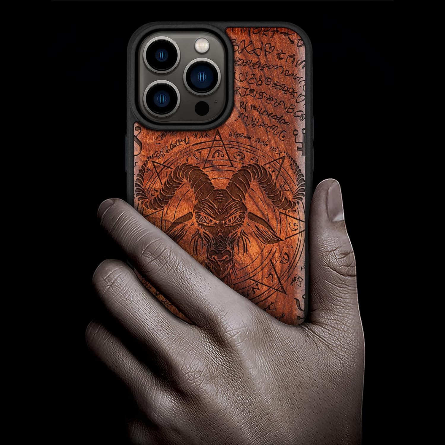 Carveit Magnetic Wood Case for iPhone 14 Pro Max [Natural Wood & Black Soft TPU] Unique & Classy Wooden Shockproof Protective Cover Compatible with magsafe (The Devil -Baphomet -Rosy)