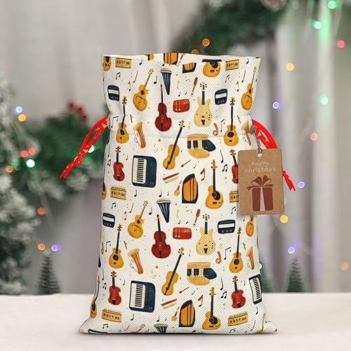 Miniatura 4 de Bolsas de regalo con estampado de instrumentos musicales retro, bolsas de regalo de Navidad reutilizables con cordón y etiqueta de regalo para