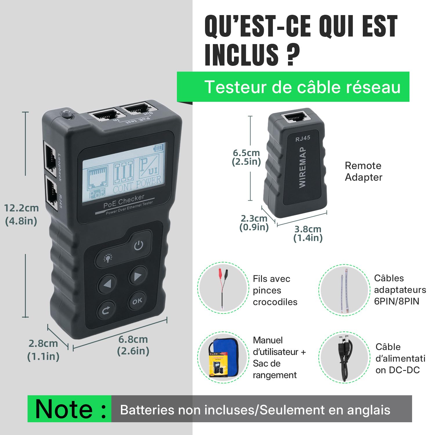 Testeur de réseau avec PoE, RJ45 - Avec écran LCD - Pour câble réseau Cat5/Cat6 - Test de tension et de courant