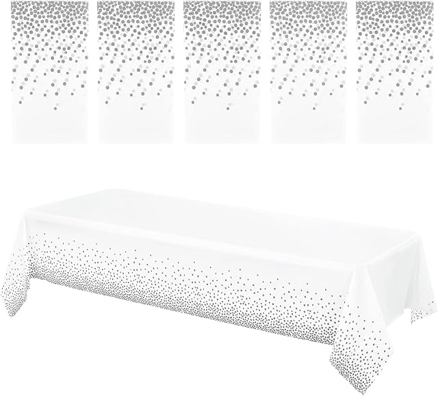 5 Pack Dot Plastic Tablecloths 54" x 108" White and Silver Tablecloth for Rectangle Tables, Plastic Disposable Dot Confetti Party Table Covers for Birthday Party Anniversary Wedding Outdoor