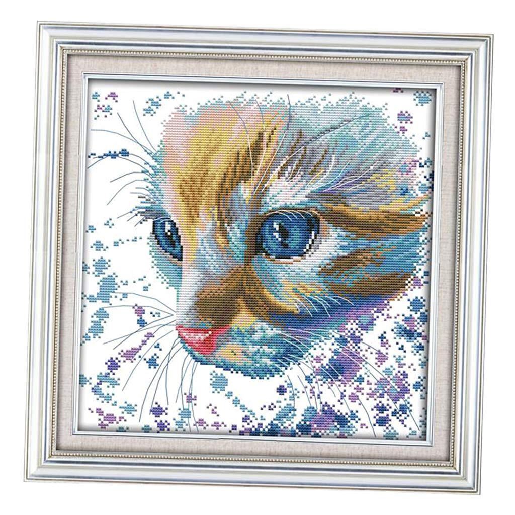 Watercolor Cat Pattern Stamped Cross Stitch Kit DIY Needlework 14CT 32x32cm